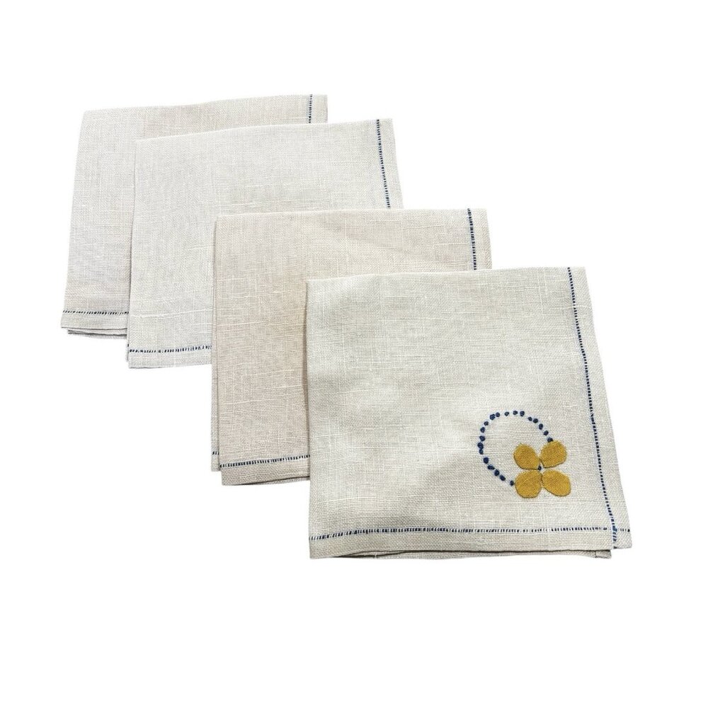 Lot 4 Linen Vintage Napkins Cloth Blue Yellow Floral Hand Stitched Tea Party